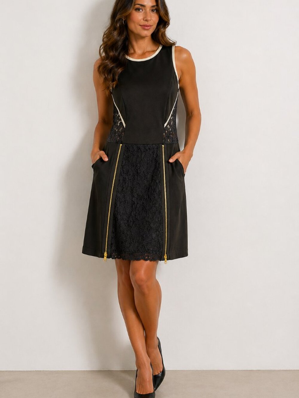 ASTR Black Lace Panel Sleeveless Dress with Exposed Zippers Chic & Edgy